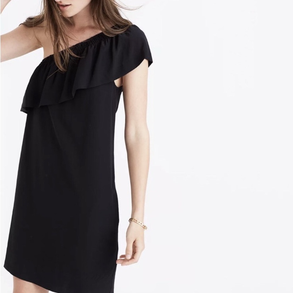 Madewell One-Shoulder Black Ruffle Shift Dress